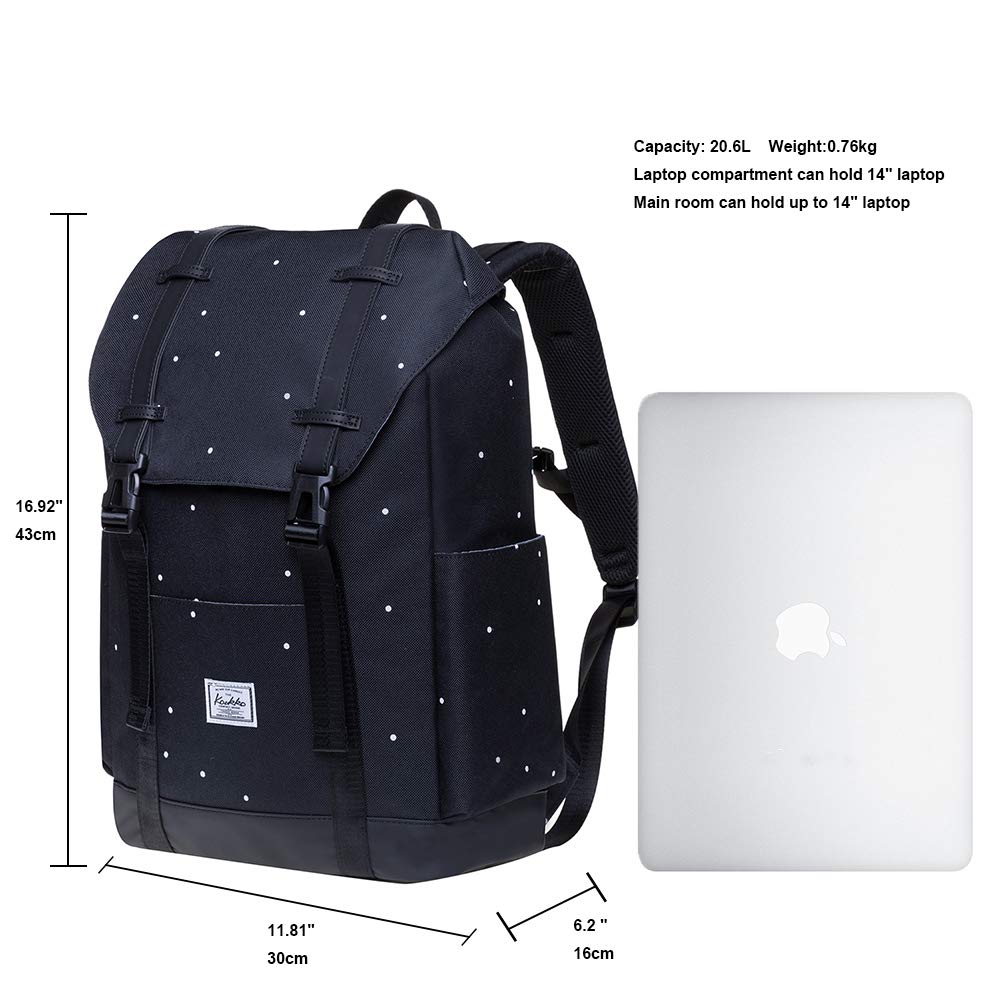 Vintage Casual Polyester and Leather Rucksack Backpack for Men & Women - Durable Nylon Black Dot Design - Perfect for Travel, Hiking, and Everyday Use