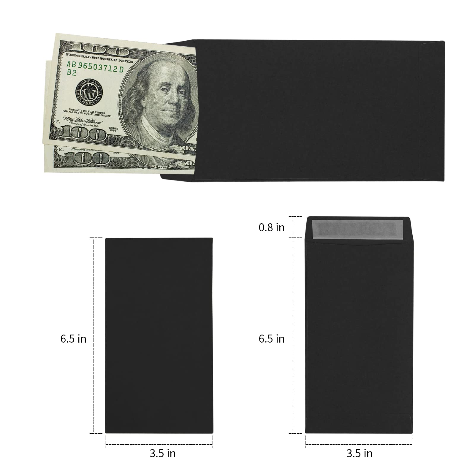Granhoolm 100 Pack Large Cash Envelopes 3.5 x 6.5 inch - Budgeting Money Envelopes for Savings Plan, Cash Management & 100 Envelope Challenge - Perfect for Personal Finance, Wedding Cards, Business Payments & Gift Giving (Black)