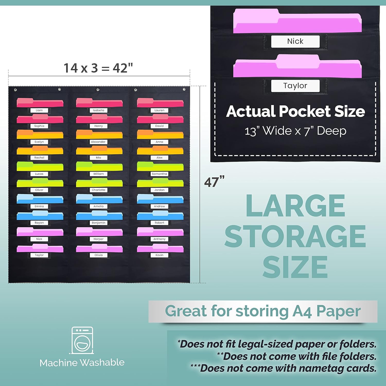 Hippo Creation Heavy Duty 30-Pocket Storage Organizer with 5 Over-Door Hangers - Hanging Wall File Folder Chart for Classroom, School Mailbox, Home Office Papers & Documents - Black - Perfect for Teachers, Students & Home Organization