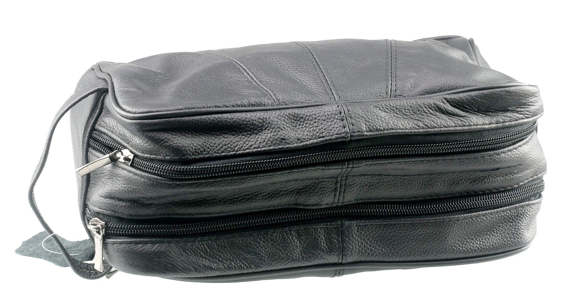 Premium Genuine Black Leather Men's Toiletry Bag with 2 Zip Compartments & Side Pocket - Perfect for Travel, Gym, and Business Trips