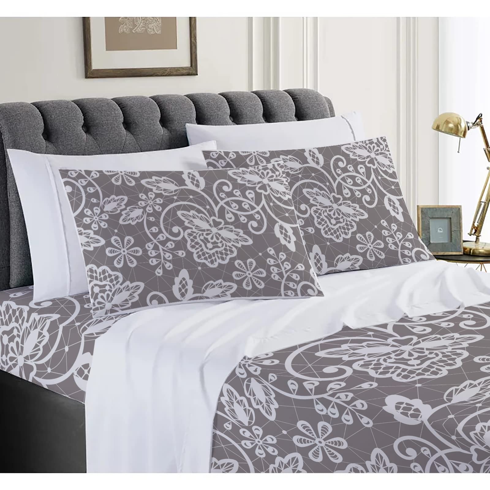 INTOMENG Gray Floral Sheet Set Queen Size - 4 Piece Boho Bedding with Deep Pockets (2 Pillowcases, 1 Flat Sheet, 1 Fitted Sheet) | Ultra Soft Grey & White Sheets for Cozy Bedroom Decor