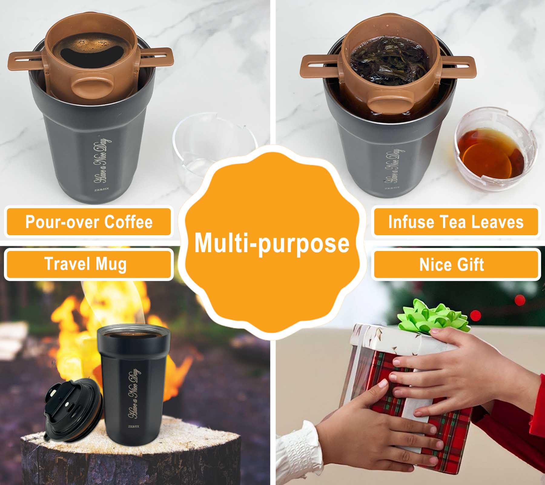 ZK&HX LIFE Pour Over Coffee Maker & Insulated Travel Mug - Portable Camping Coffee Maker with Tea Infuser for Loose Leaf Tea - Perfect for Hiking, Office & Outdoor Adventures