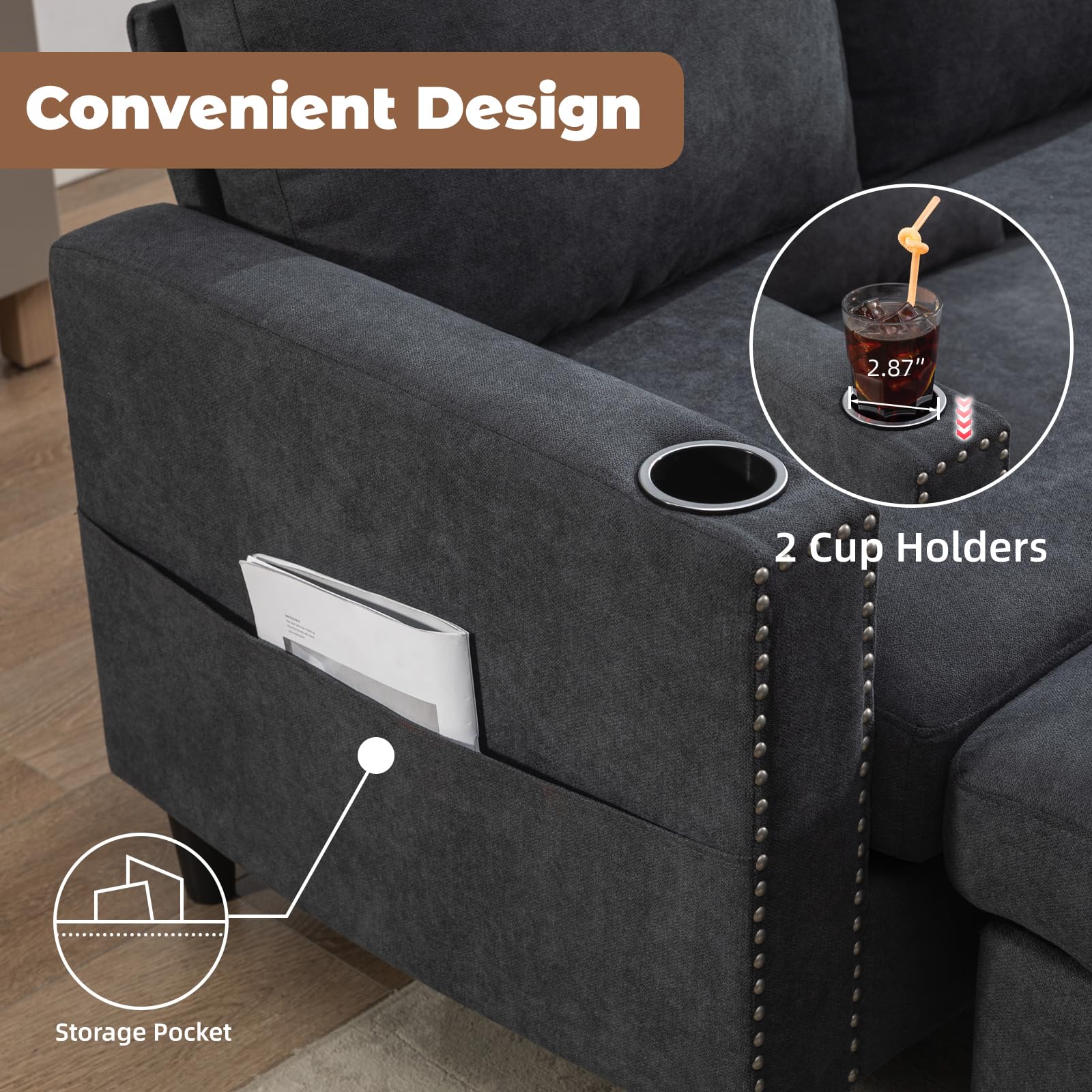 Convertible L-Shaped Sectional Sofa with Storage Chaise & Cup Holders - 3-Seater Small Couch for Apartments, Living Rooms & Compact Spaces (Dark Grey) - Perfect for Small Homes, Studio Apartments & Cozy Living Areas