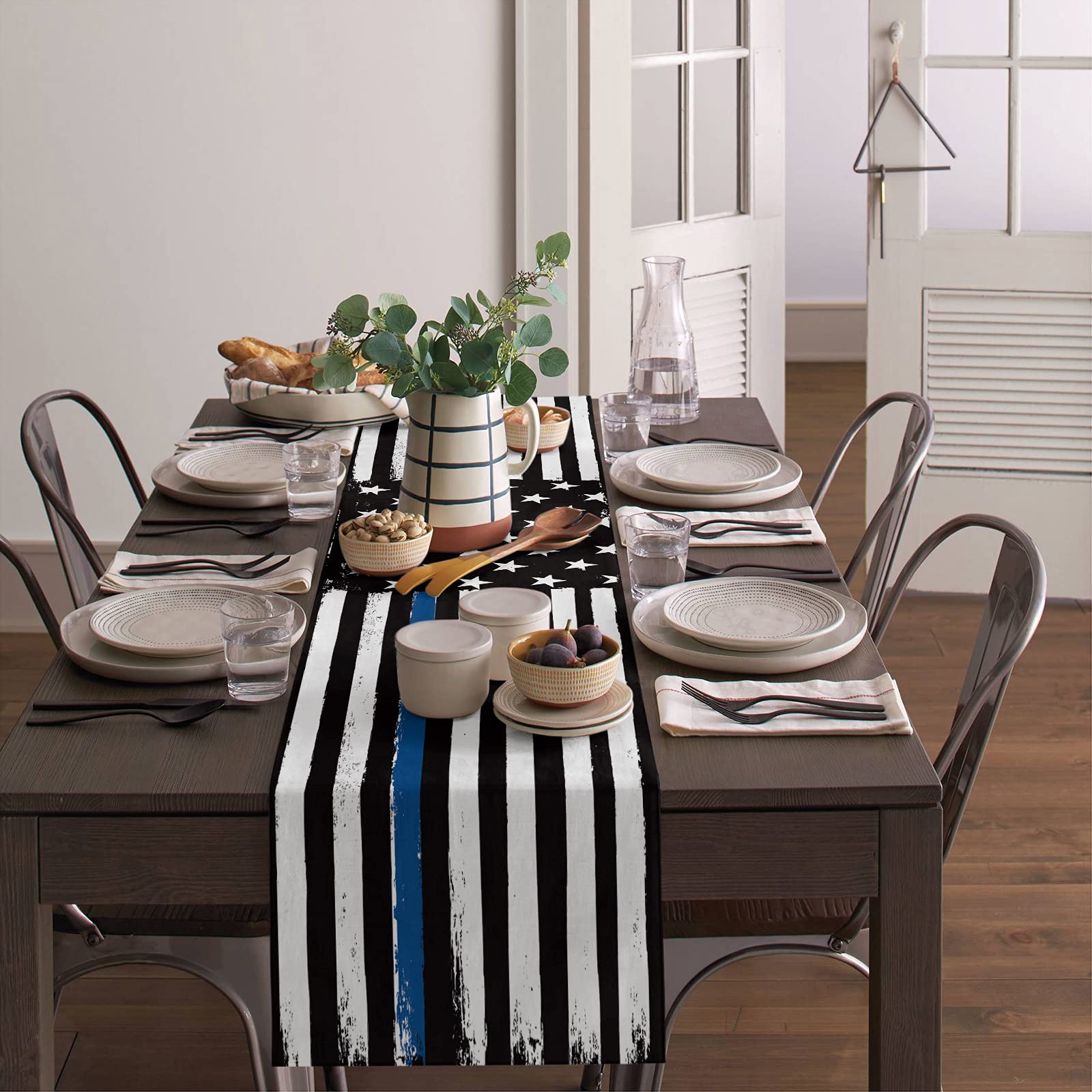 Thin Blue Line Black Table Runner - 120 Inch Cotton Linen American Police Flag Table Scarf | Rustic Dining Table Decor for Coffee Tables, Holiday Parties & Law Enforcement Gifts | Perfect for Home Decor, Patriotic Events & Police Appreciation