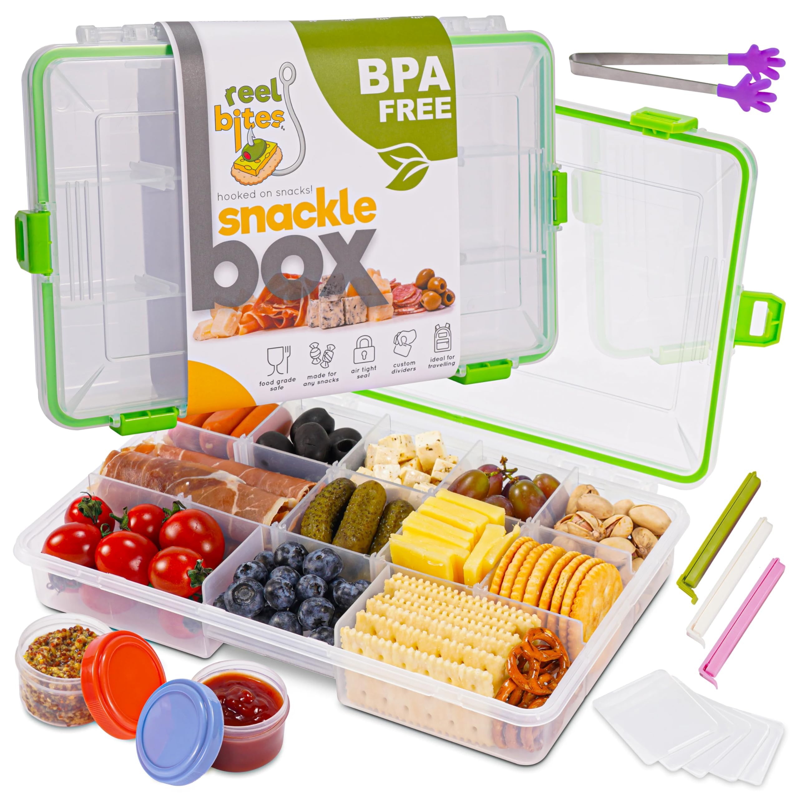 Reel Bites Snackle Box - Portable Travel Snack Container with Lid | Leak-Proof Snack Tray & Charcuterie Box for Picnics, Road Trips & Outdoor Adventures (Regular Size)