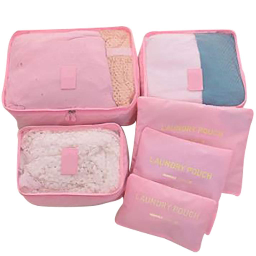 Waterproof Travel Storage Bags Set of 6 - Underwear, Shoes & Clothing Organizer for Luggage (Pink) | Perfect for Camping, Gym & Business Trips