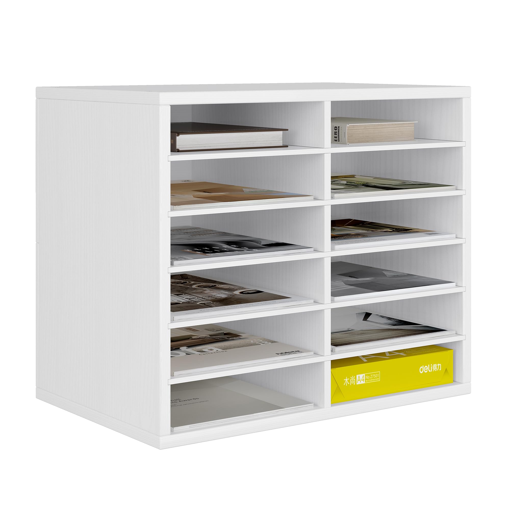 12-Drawer Wooden Desk Organizer with Adjustable Shelves - Office File Storage, Wrapping Paper Organizer & Document Holder for Home, Classroom or Workspace - White (Perfect for Decluttering Desks, Organizing Supplies & Storing Important Files)