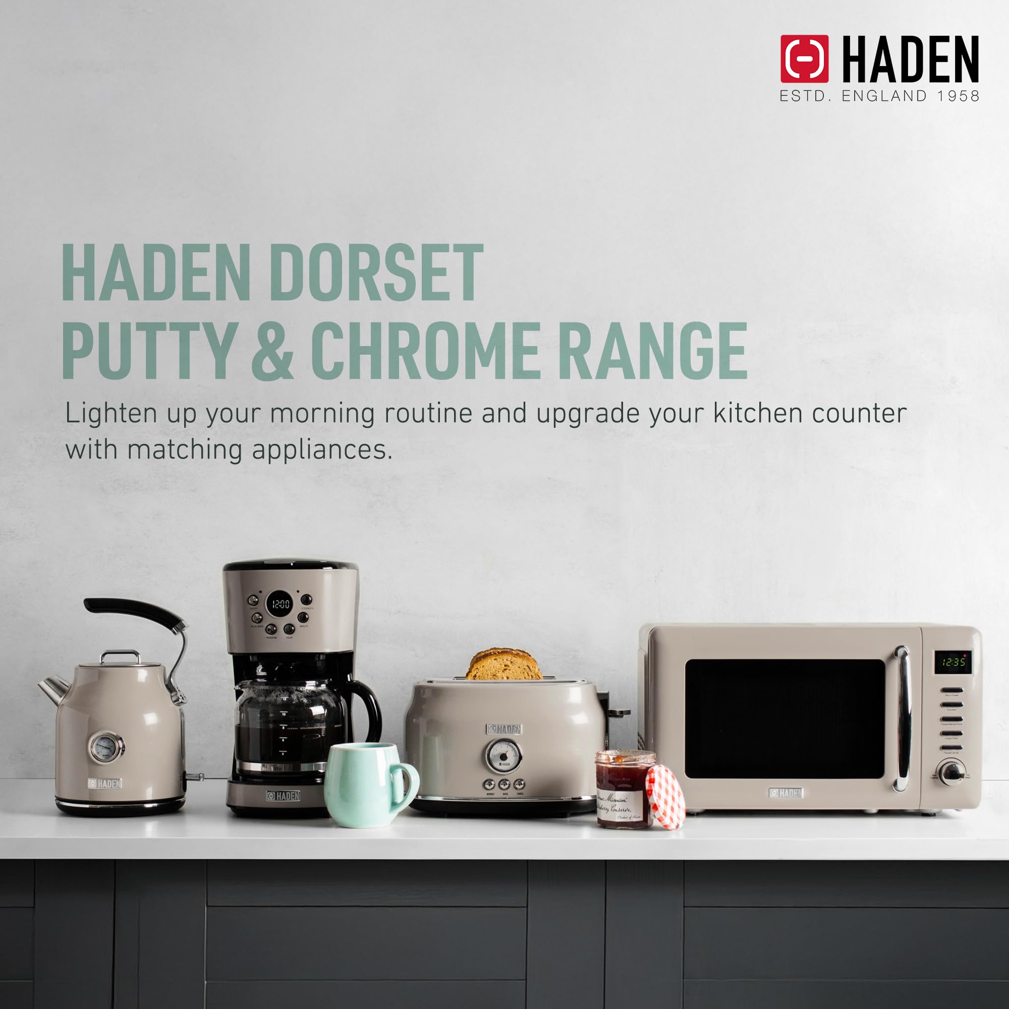 Haden Dorset 4 Slice Wide Slot Stainless Steel Toaster with 1.7L Electric Kettle Set - 360° Swivel Base, Putty & Chrome Finish - Perfect for Breakfast, Kitchen, Dorm & Office Use
