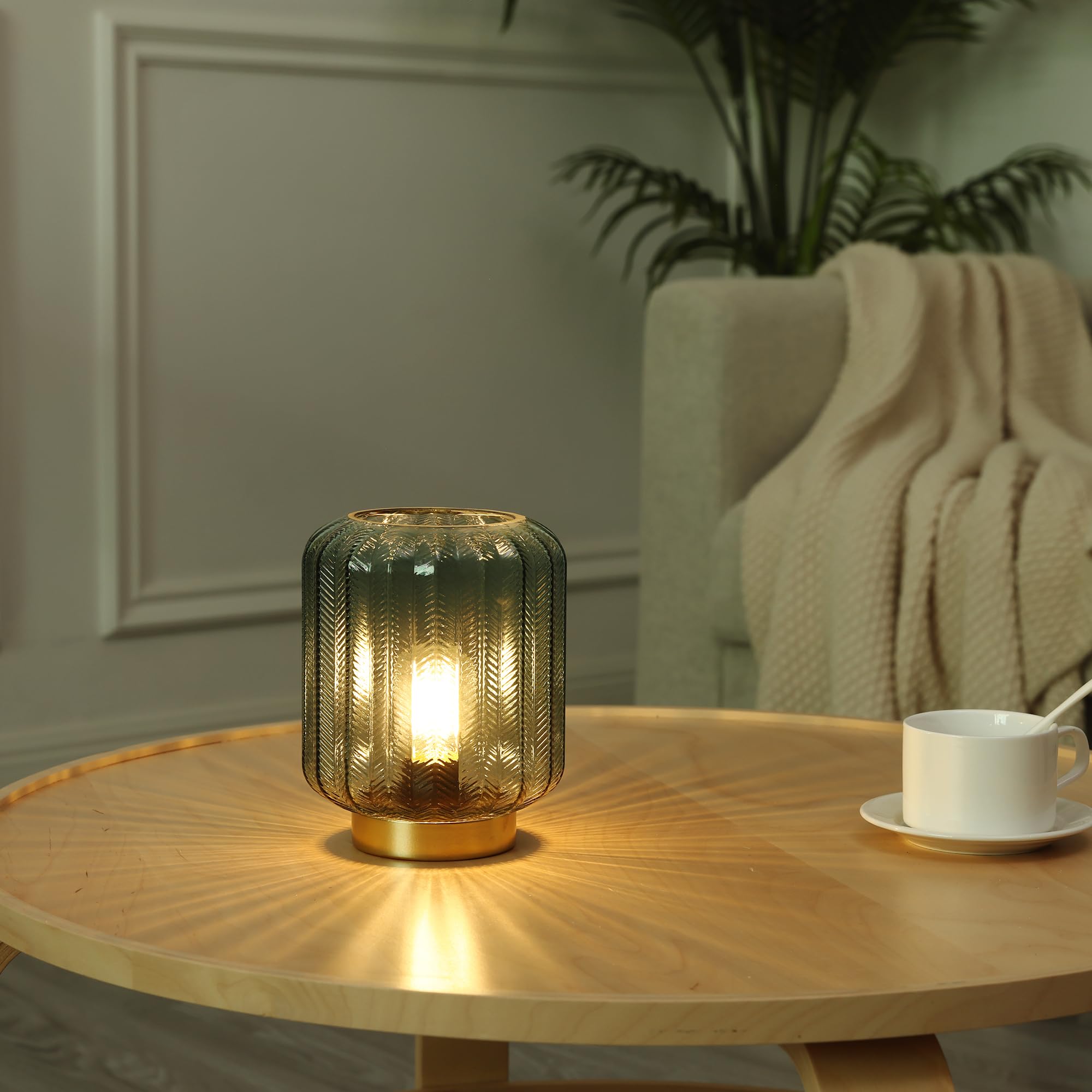 Battery Operated LED Table Lamp - Modern Cordless Bedside Lamp with Glass Shade & Timer, Portable Decorative Lighting for Living Room, Bedroom, Home Office, Camping & Emergency Use (Green)