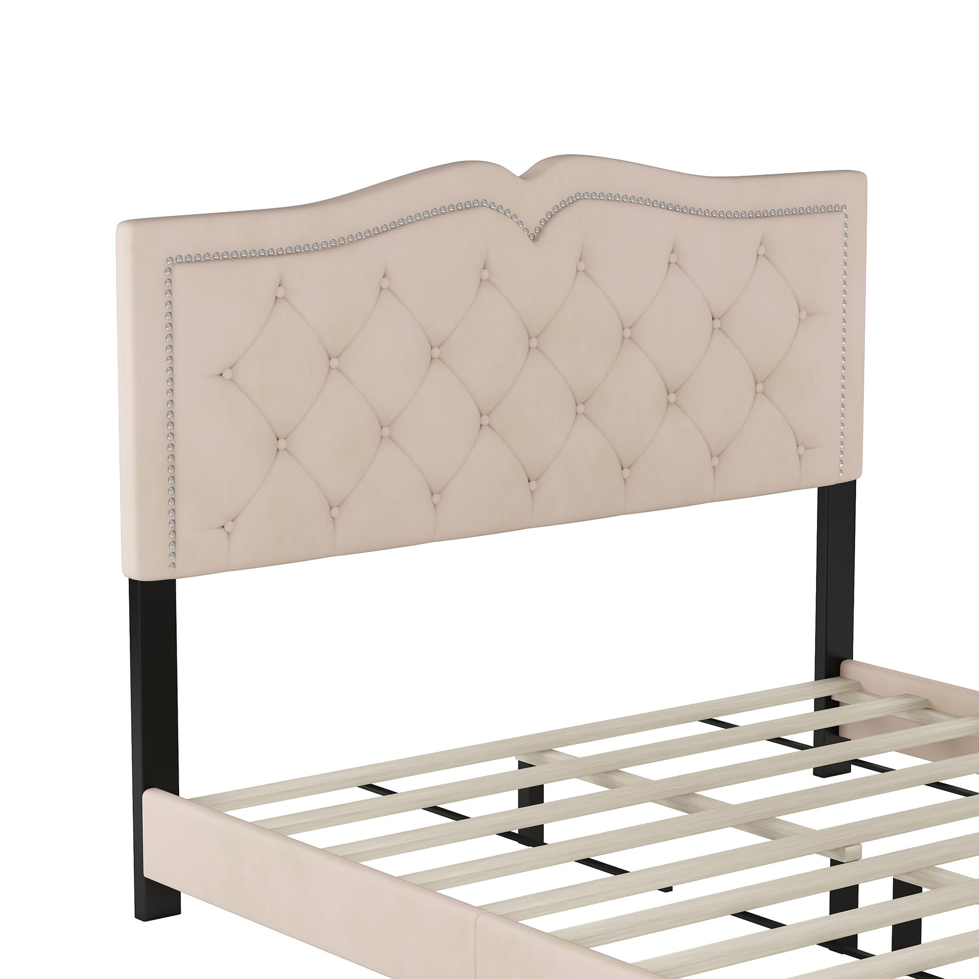 Luxury Velvet Upholstered Platform Bed Frame with Rivet Design - Queen Size Soft Headboard Bed with Slats, No Box Spring Needed - Easy Assembly Modern Bedroom Furniture (Beige) | Perfect for Master Bedrooms, Guest Rooms & Small Space Apartments