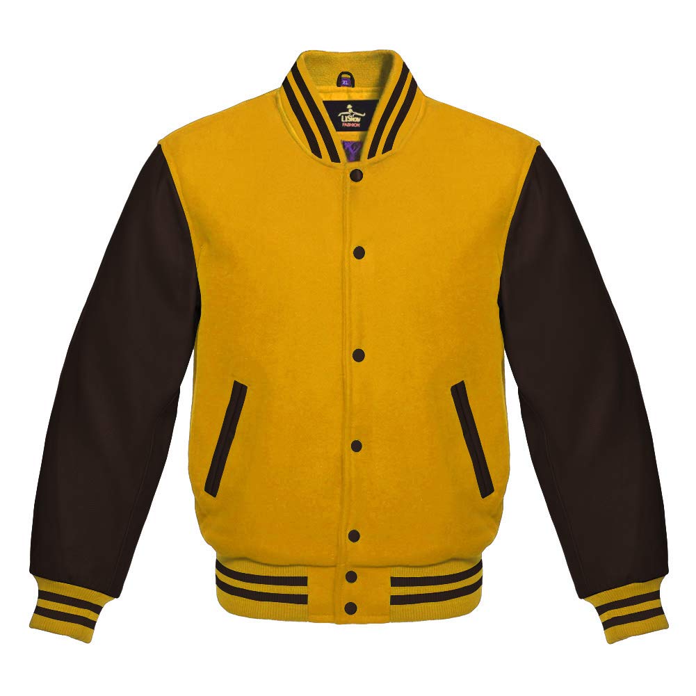 Varsity Jacket for Men - Baseball Letterman Bomber Jacket with Yellow Wool Body & Genuine Brown Leather Sleeves | High School & College Style | Perfect for Sports, Casual Wear & Street Fashion