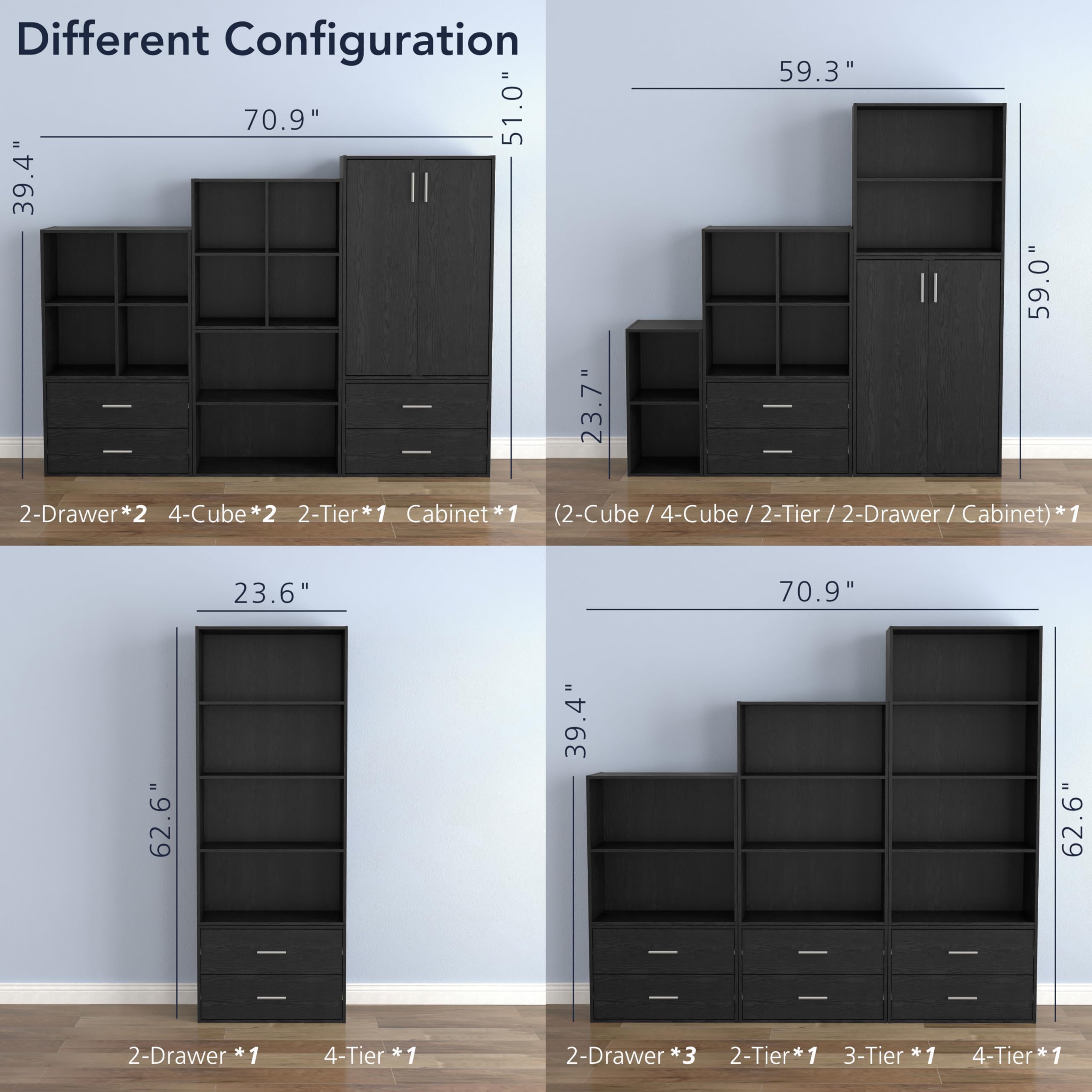 Apexa 2 Cube Storage Organizer Shelves - Stackable Wood Bookcase with Cubby Bins for Home Organization | Dorm Room, Teen Bedroom & Home Office Decor | Perfect for Books, Toys & Storage Bins (Black)