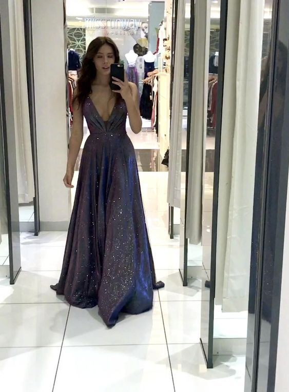 Elegant Deep V-Neck A-Line Long Prom Dress with High Slit - Shiny Purple Evening Gown for Homecoming, Pageant & Formal Events (Style J2609)