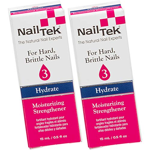 Nail Tek Hydrate 3 Moisturizing Nail Strengthener for Hard Brittle Nails - Therapeutic Hydrating Fortifying Treatment - 0.5 fl oz 2-Pack - Daily On-The-Go Nail Care for Healthy Strong Nails at Home Work or Travel
