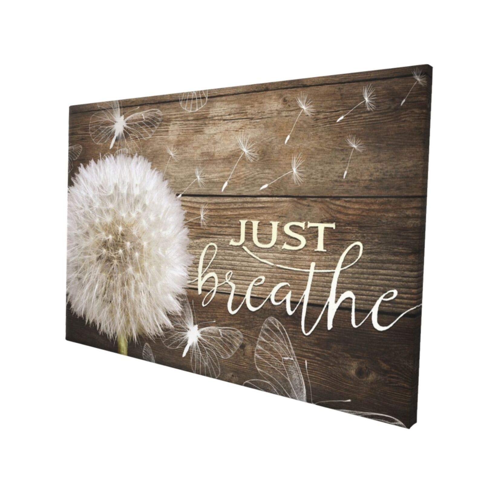 White Dandelion & Butterflies Canvas Wall Art - Framed Floral Print Ready to Hang (12x18 Inch) for Living Room, Bedroom & Bathroom Decor | Inspirational Just Breathe Quote Home Decor | Perfect for Meditation Spaces & Gift Giving
