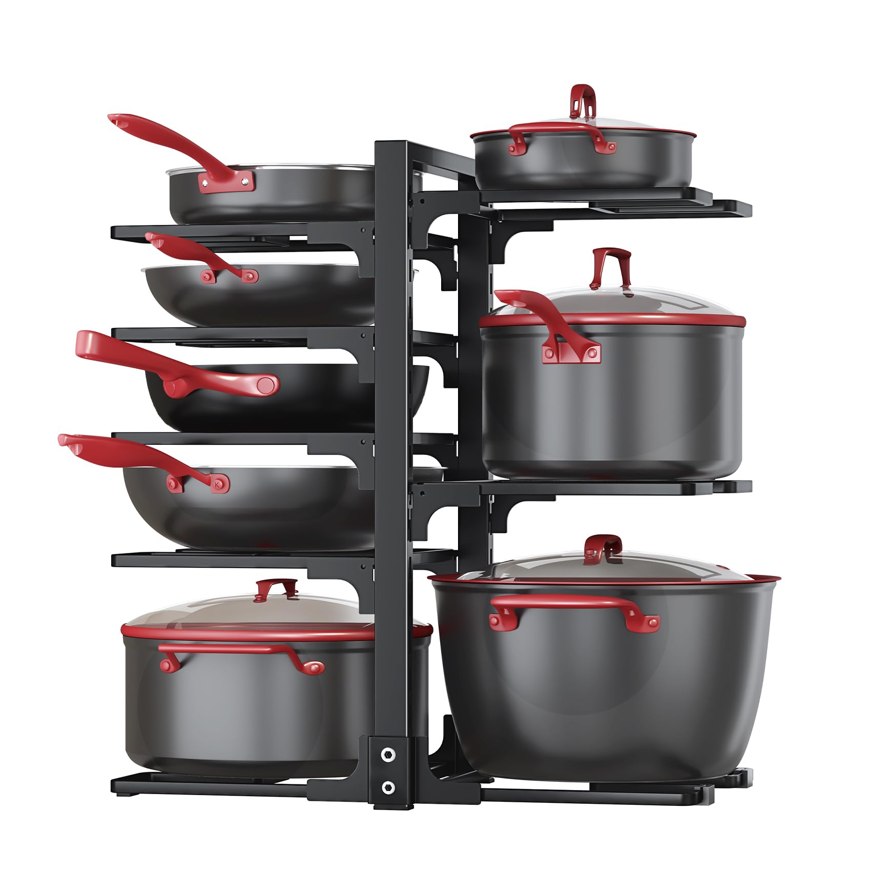8-Tier Heavy Duty Pots and Pans Organizer Rack - Adjustable Kitchen Cabinet Storage for Dutch Ovens, Cast-Iron Pans & Lids - Space-Saving Under Cabinet Solution for Organized Pantry & Clutter-Free Cooking