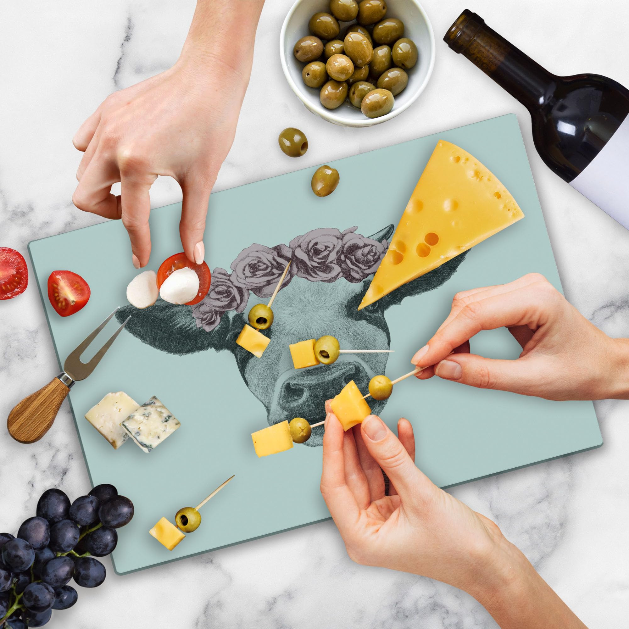 Ambesonne Farm Animal Cutting Board - Sketchy Cow Portrait with Rose Wreath - Tempered Glass Serving Board for Kitchen - Large Size in Dark Grey & Pale Rose - Perfect for Charcuterie, Cheese Display & Home Decor
