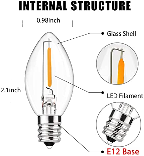 GOOTHY 25 Pack C7 LED Christmas Light Bulbs - 0.6W Clear Glass E12 Candelabra Base Warm White Replacement Bulbs for Outdoor String Lights, Window Candles & Night Lights - Perfect for Holiday Decorations, Tree Lighting & Festive Home Displays