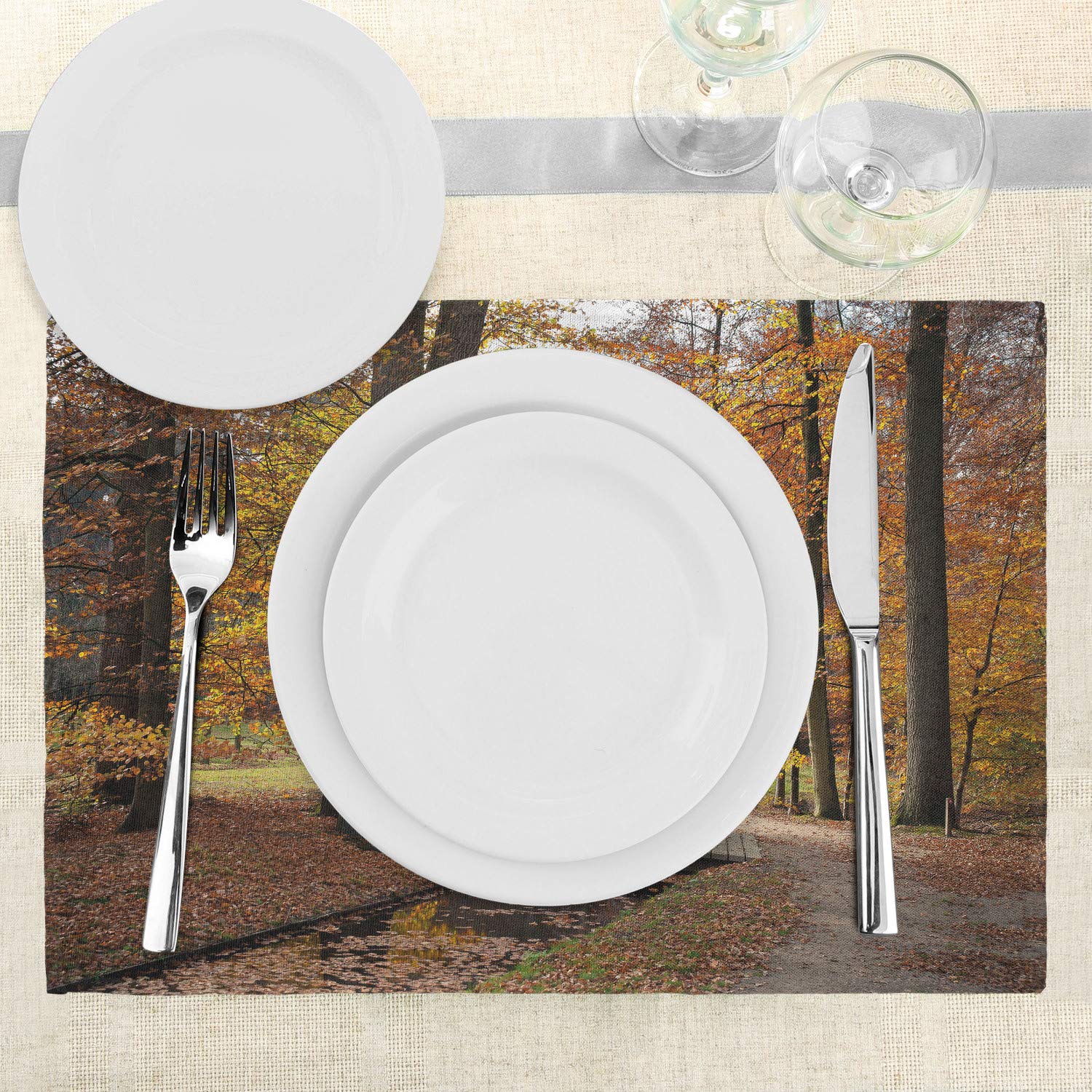 Ambesonne Autumn Placemats Set of 4 - Waterproof Fabric Table Mats with Rainy Forest Path Photographic Design, Washable for Dining Room & Kitchen Decor in Marigold Amber & Seal Brown | Perfect for Fall Dinner Parties, Thanksgiving Table Settings & Cozy Home Decor