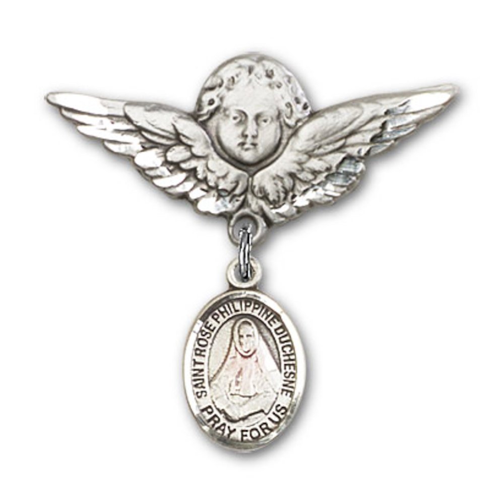 Sterling Silver Baby Badge with St. Rose Philippine Charm & Angel Wing Pin - Perfect for Christening Gifts, Baptism Keepsakes & First Communion Jewelry
