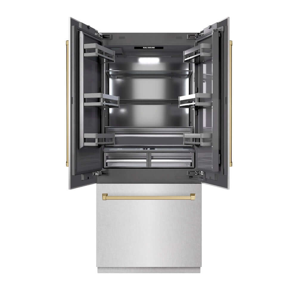 ZLINE Autograph Edition 36 Inch French Door Built-In Bottom Freezer Refrigerator - 19.6 cu.ft Capacity, Water Dispenser & Ice Maker - Satin Stainless Steel with Graphite Gray Interior & Champagne Bronze Accents (GRBIVZ SN 36 CB) - Perfect for Modern Kitchens, Open-Concept Homes & Luxury Appliances Collection