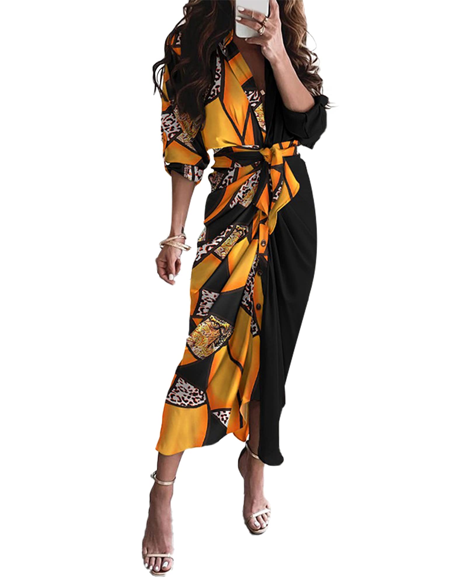 Remelon Women's Long Sleeve Button Down Maxi Dress with Ruched Front & Tie Detail - Perfect for Office Wear, Date Nights & Casual Outings