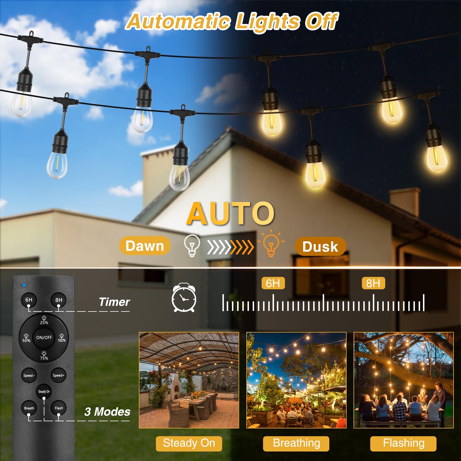 ZJOJO 100FT Solar Powered Outdoor String Lights with 30+2 Shatterproof LED Bulbs, IP65 Waterproof Solar Lights for Patio, Garden & Backyard Decor - USB Charging Port & Solar Panel for Party, Wedding & Holiday Lighting
