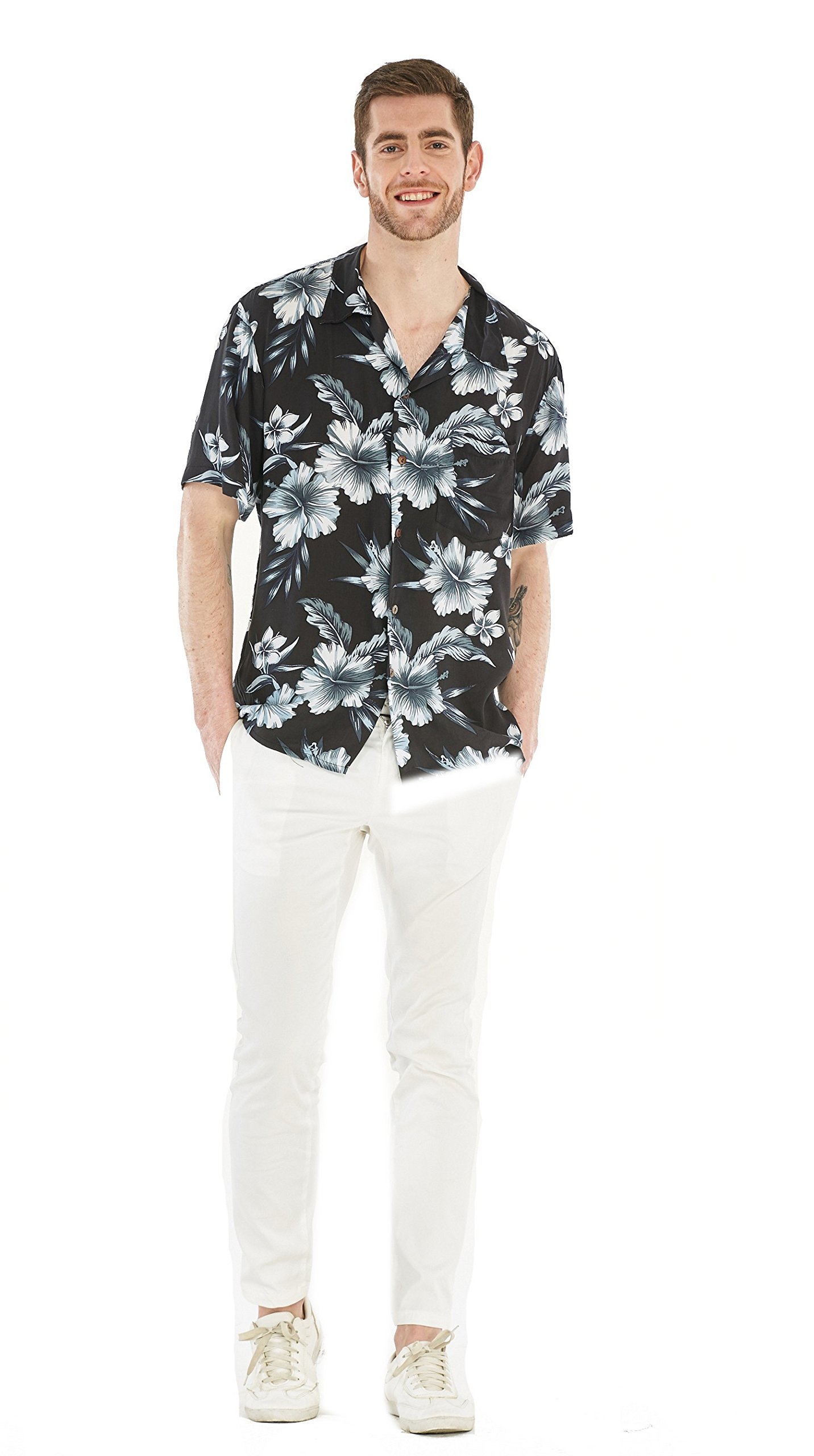 **Matching Couple Hawaiian Luau Party Outfit Set - Black Rafelsia Shirt & Dress for Beach Vacation, Summer Party, and Tropical Theme Events**