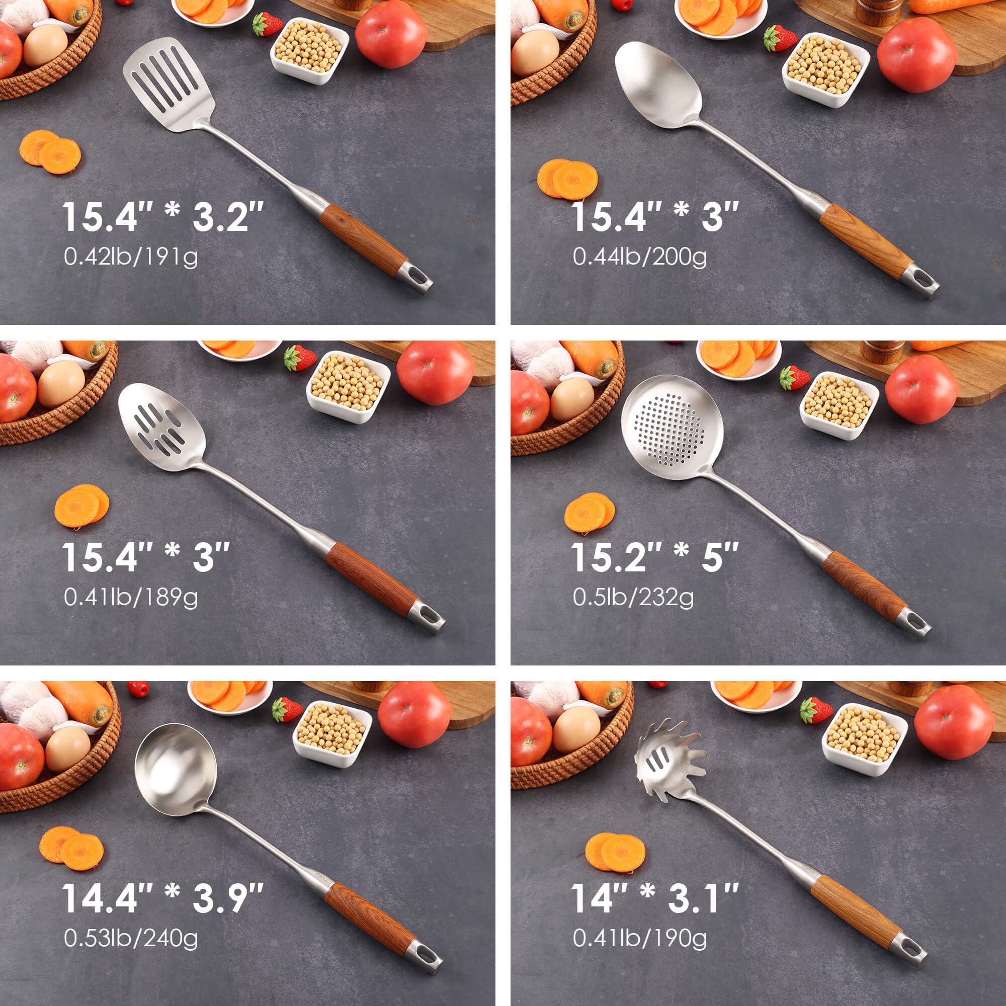 Premium 18/10 Stainless Steel Kitchen Utensils Set with Wooden Handle - 6-Piece Cooking Tools (15