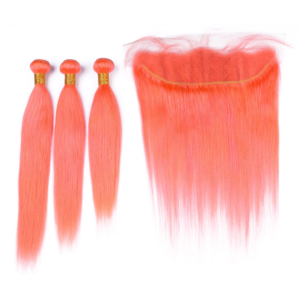 9A Virgin Brazilian Malaysian Silky Straight Hair Extensions - 3 Bundles with 13x4 Frontal (10 10 10+8 Inch) Sun Orange Color | Natural Look for Daily Wear, Parties & Special Occasions