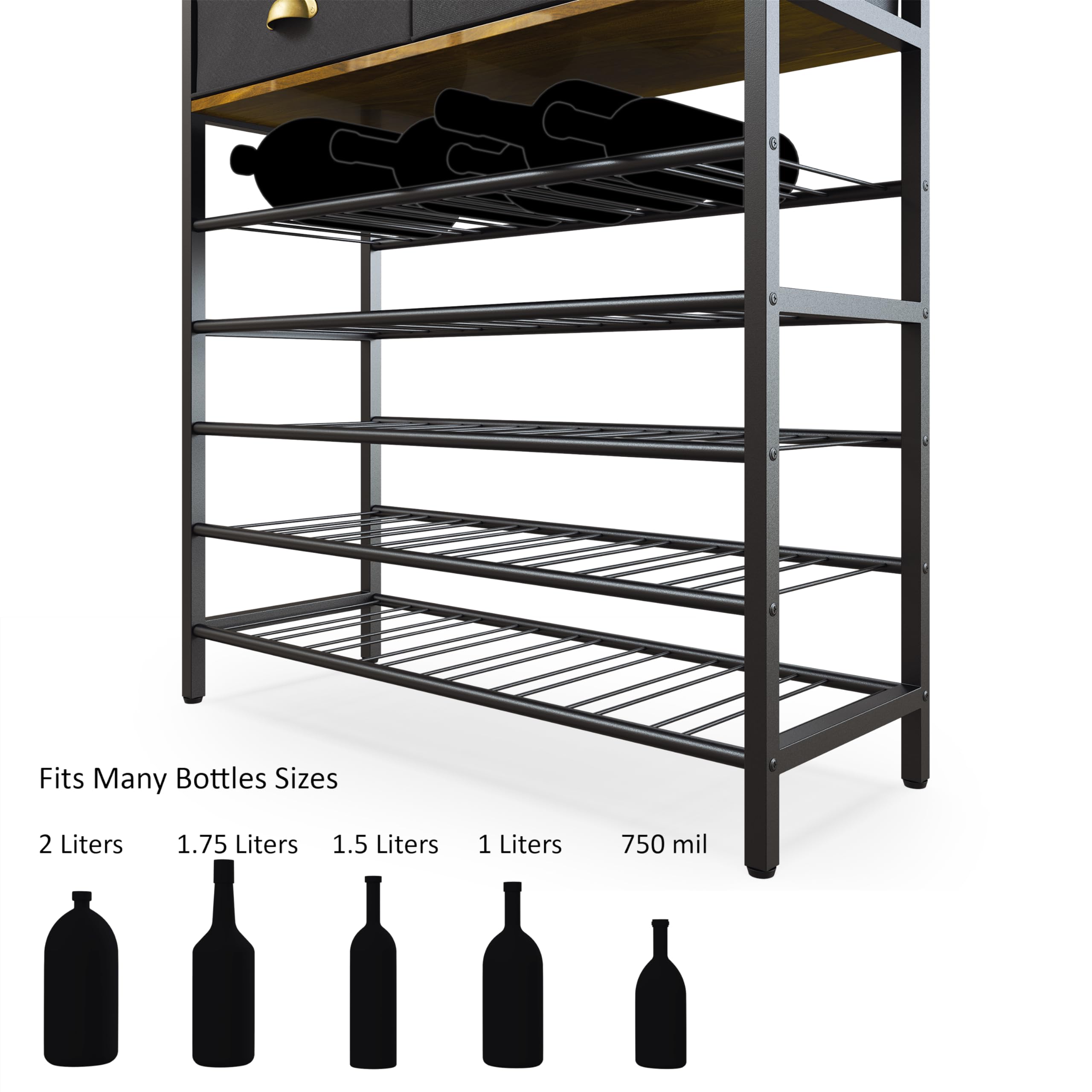 Freestanding Wine Rack with Glass Holder & 2 Storage Drawers - Modern Bar Cabinet with Shelves & Tabletop for Home Liquor & Wine Storage - Perfect for Dining Room, Kitchen, or Basement Bar Setup