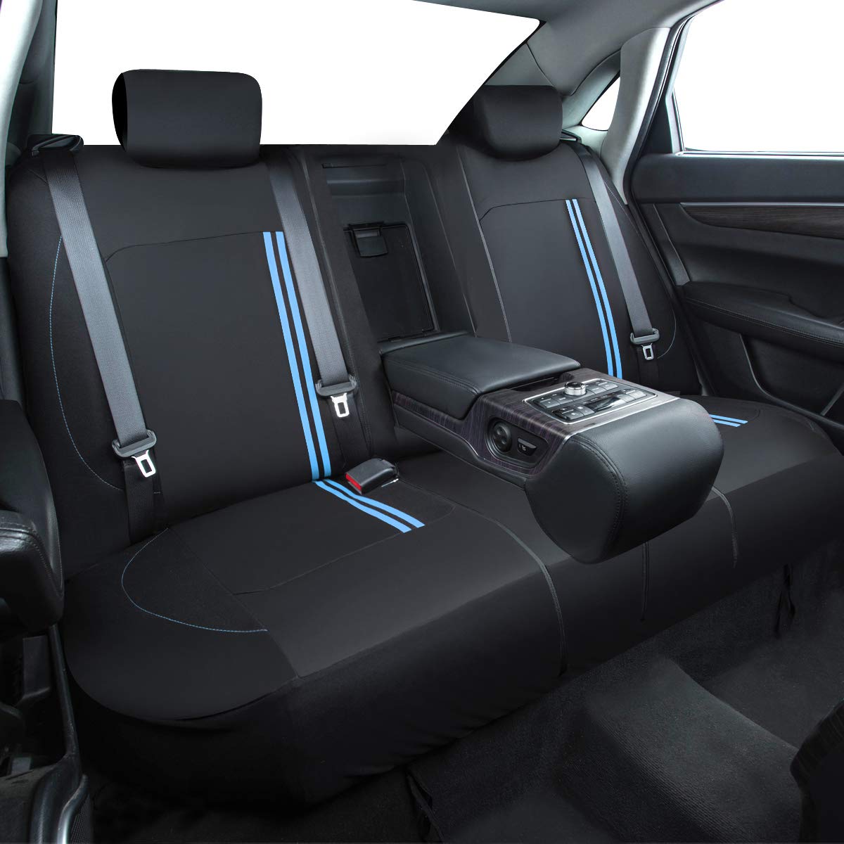 CAR PASS Sporty Universal Car Seat Cover Full Set - Airbag Compatible, Fits SUVs, Vans & Sedans (Black with Blue) - Perfect for Road Trips, Commuting & Car Protection