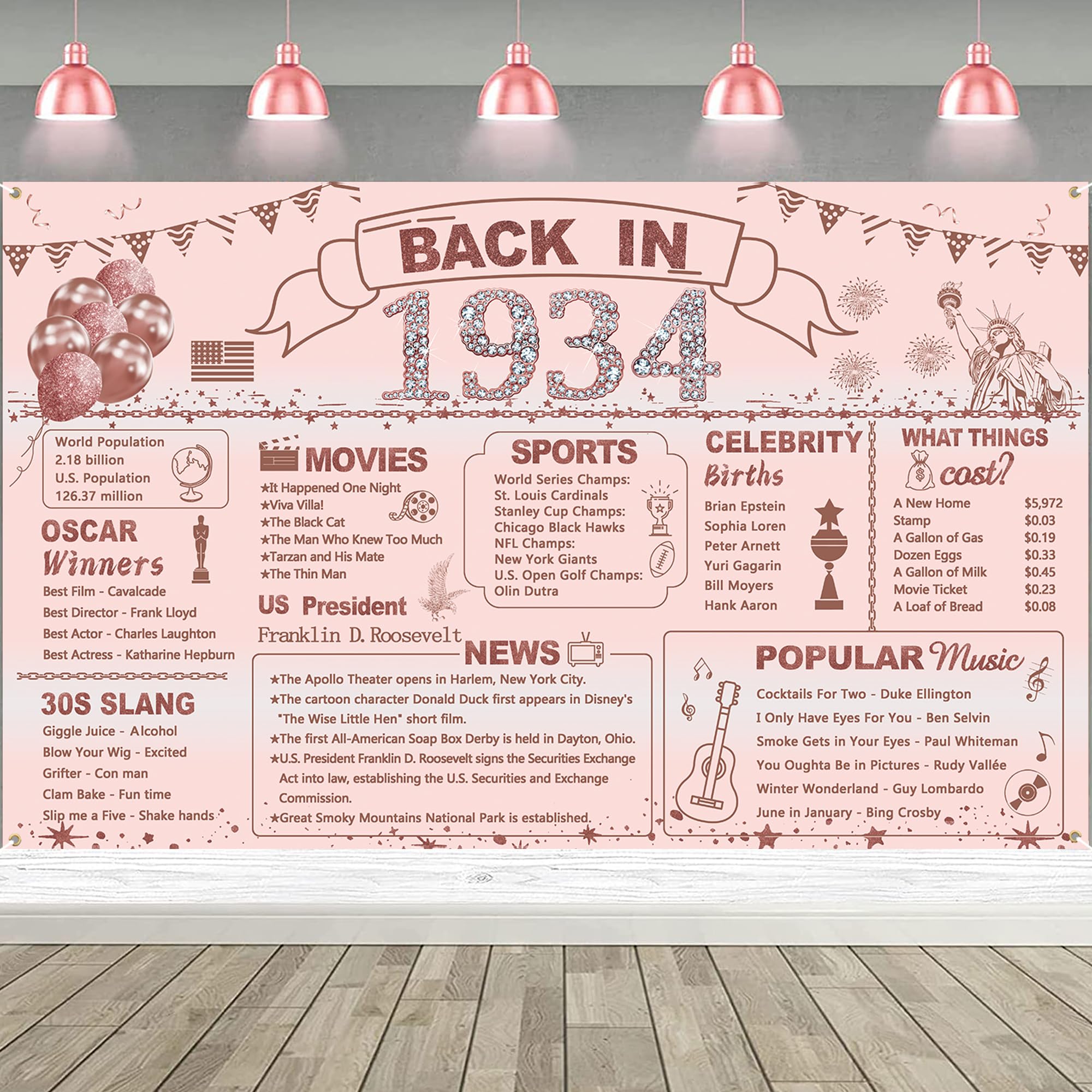 DARUNAXY Rose Gold 91st Birthday Party Decorations for Women - Vintage 1934 Theme Backdrop, Banner & Poster Set - Cheers to 91 Years Old Celebration Supplies (Pink/Gold) - Perfect for Milestone Birthdays, Retirement Parties & Family Gatherings
