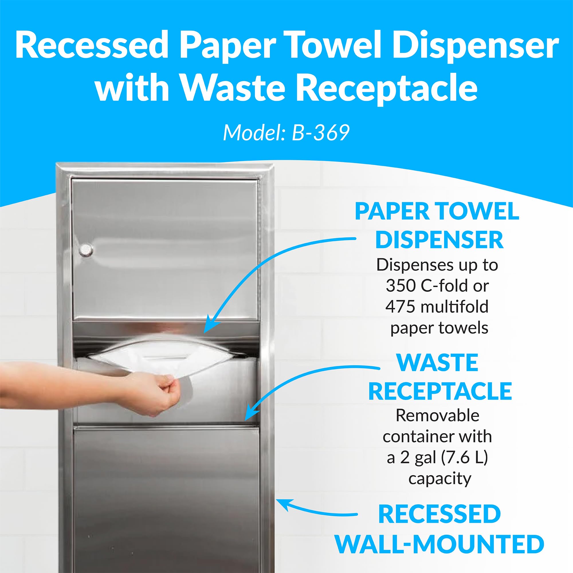 BOBRICK 369 Classic Series Stainless Steel Recessed Paper Towel Holder with 2-Gallon Trash Bin - 28