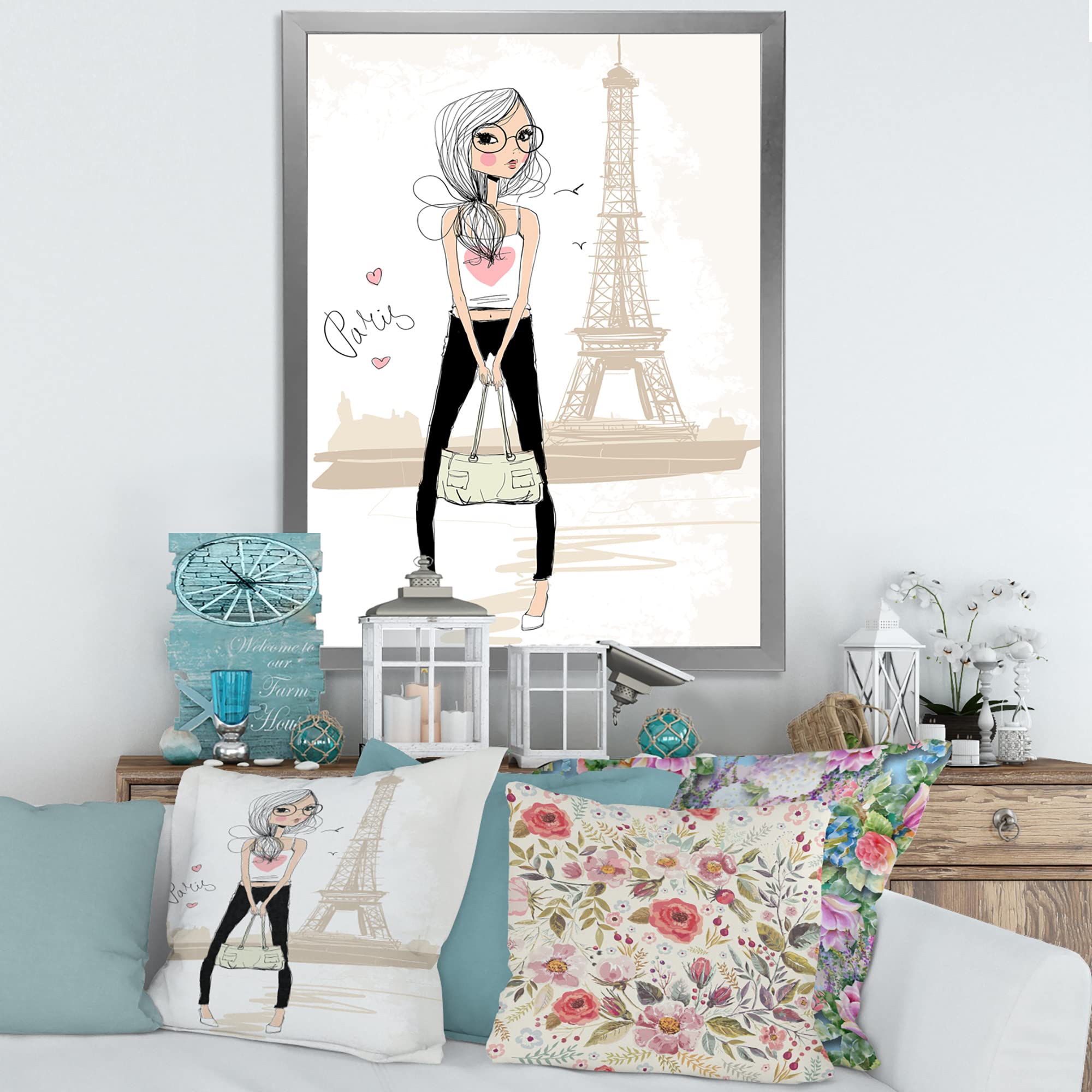 DesignQ Cute Girl by Eiffel Tower Paris - Children's Art Framed Wall Decor for Nursery, Bedroom & Playroom - Perfect Gift for Kids