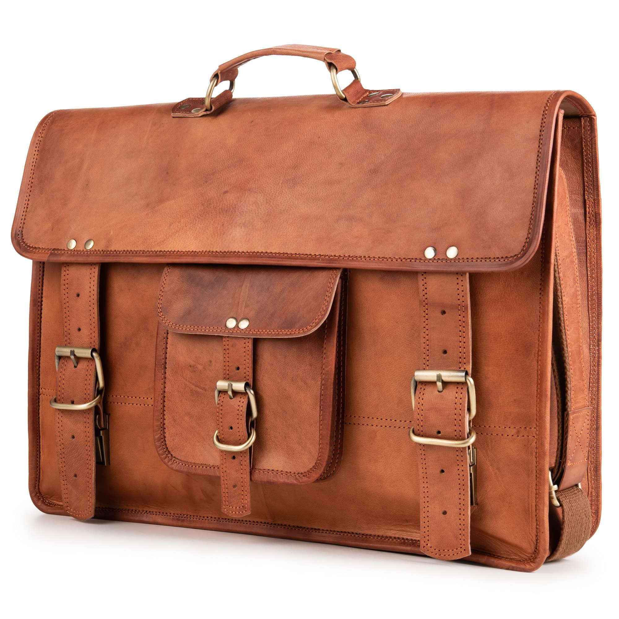 BERLINER BAGS Vintage Genuine Leather Messenger Bag - XXL Laptop Briefcase for Men & Women, Work Bag, Business Travel & College Use - Brown Leather