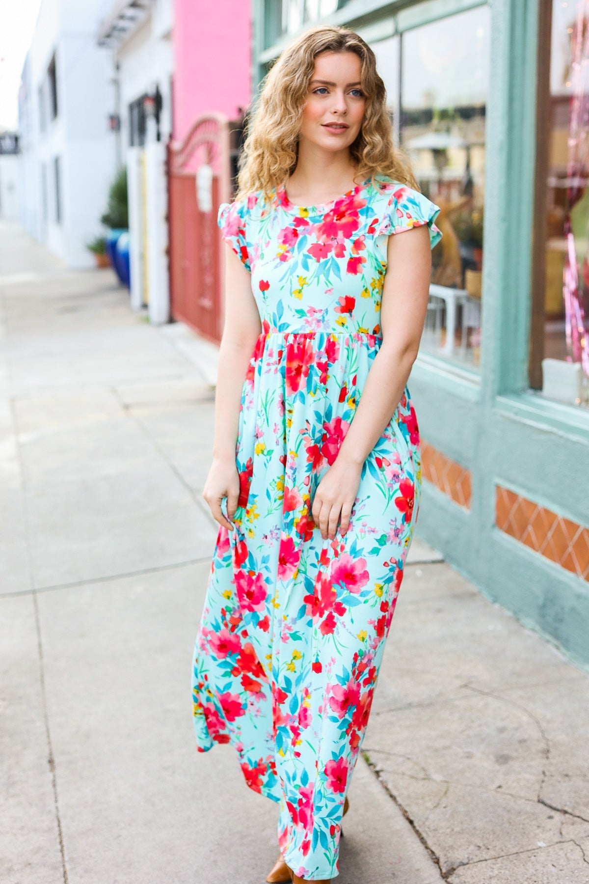 Aqua Floral Fit & Flare Maxi Dress for Women - Summer Beach Wedding Party Dress - Flowy Long Dress with V-Neck & Ruffle Hem