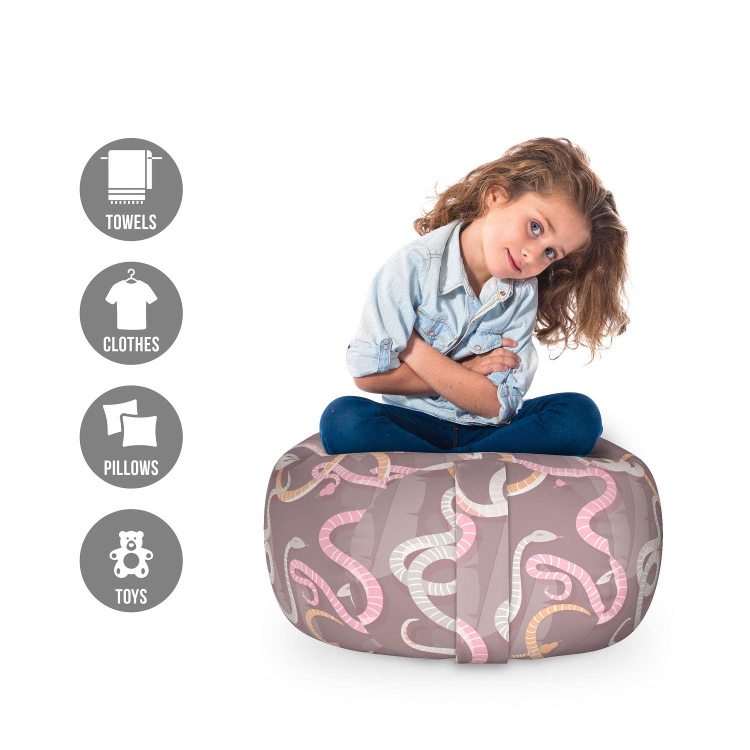 Ambesonne Snake Pattern Storage Bag Chair - Pastel Forest Reptile Design, Washable Stuffed Animal Organizer, Small Size in Warm Taupe | Kids Room Decor, Toy Storage Solution, Playroom Organizer