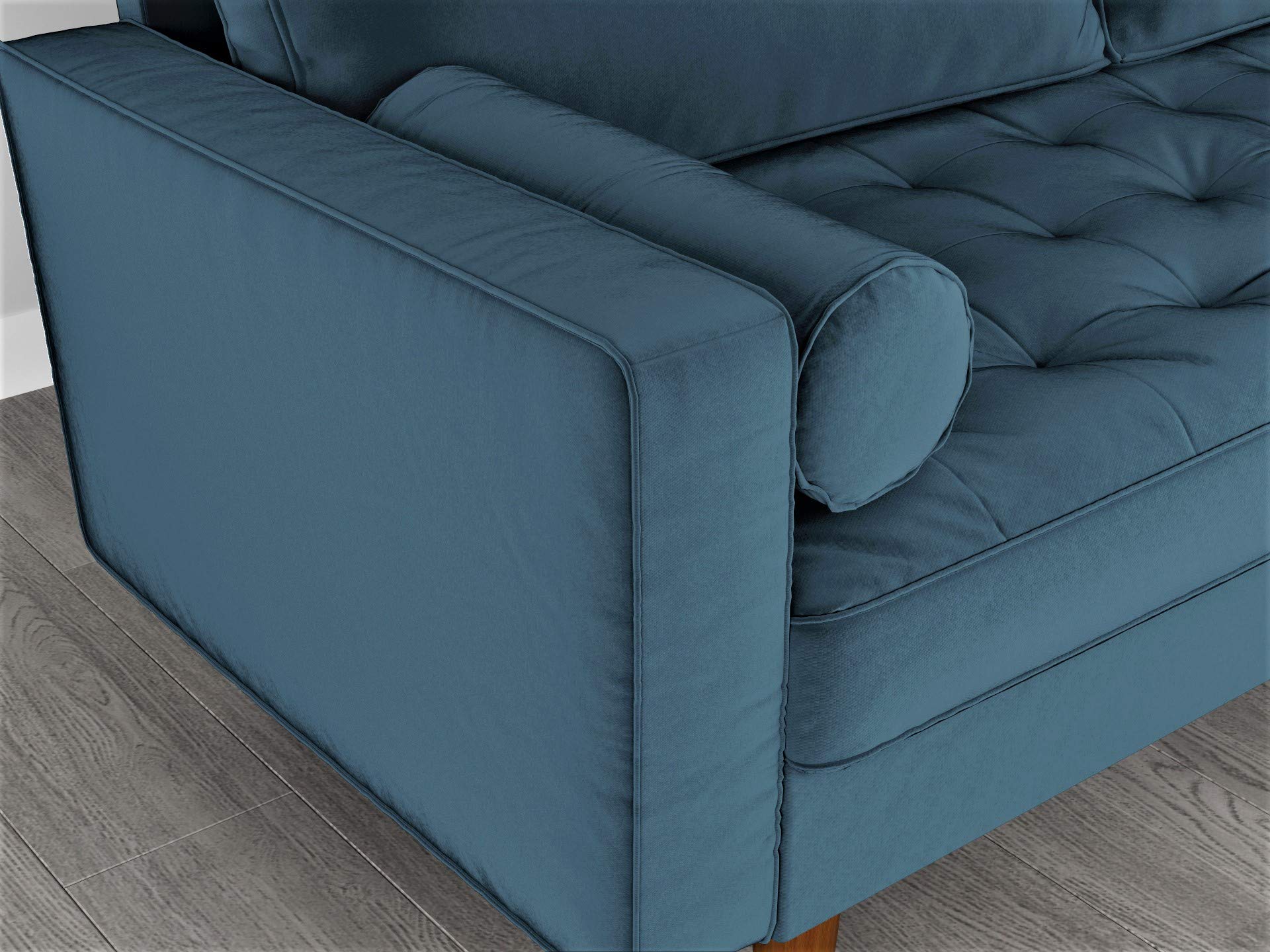 Mid Century Modern Velvet Loveseat with Tufted Seat & Bolster Pillows - Oxford Blue Upholstered Sofa for Living Room, Lounge & Home Decor