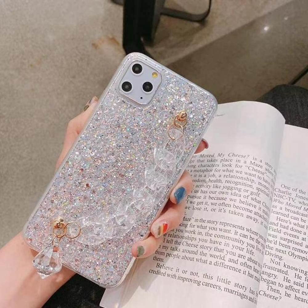Luxury Bling Glitter Crystal Bracelet Chain Phone Case for iPhone 11 12 Pro X XR XS Max 7 8 Plus - Fashion Women Soft Cover, White - Perfect for Parties, Weddings & Everyday Glam