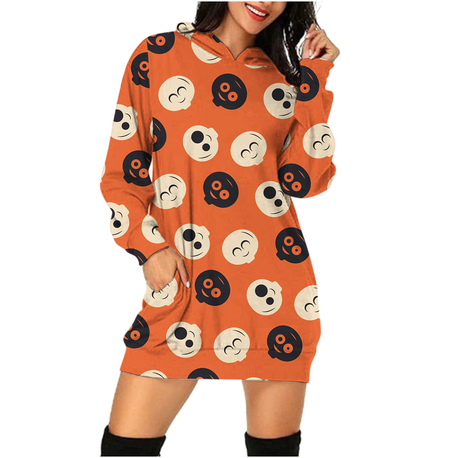 Sinzelimin Women's Hooded Tunic Dress - Halloween Printed Long Sleeve Loose Pullover with Pockets | Casual Mini Dress for Fall, Winter & Halloween Costume