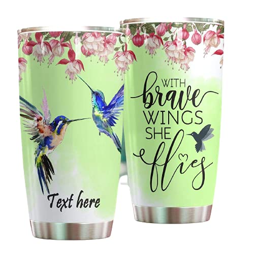 Personalized Hummingbird Stainless Steel Tumbler - Brave Wings She Flies Insulated Coffee Tea Cup - Custom Engraved Gift for Women, Mom, Wife - Birthday Christmas Present - Perfect for Office, Travel & Outdoor Adventures