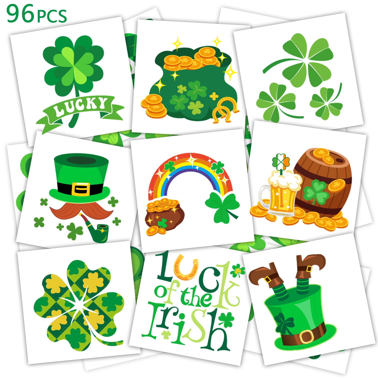 96Pcs St Patricks Day Temporary Tattoos - Lucky Shamrock & Irish Symbols for Kids & Adults | St Patricks Day Party Supplies, Face Makeup Accessories | Perfect for Festivals, Parades & Themed Events