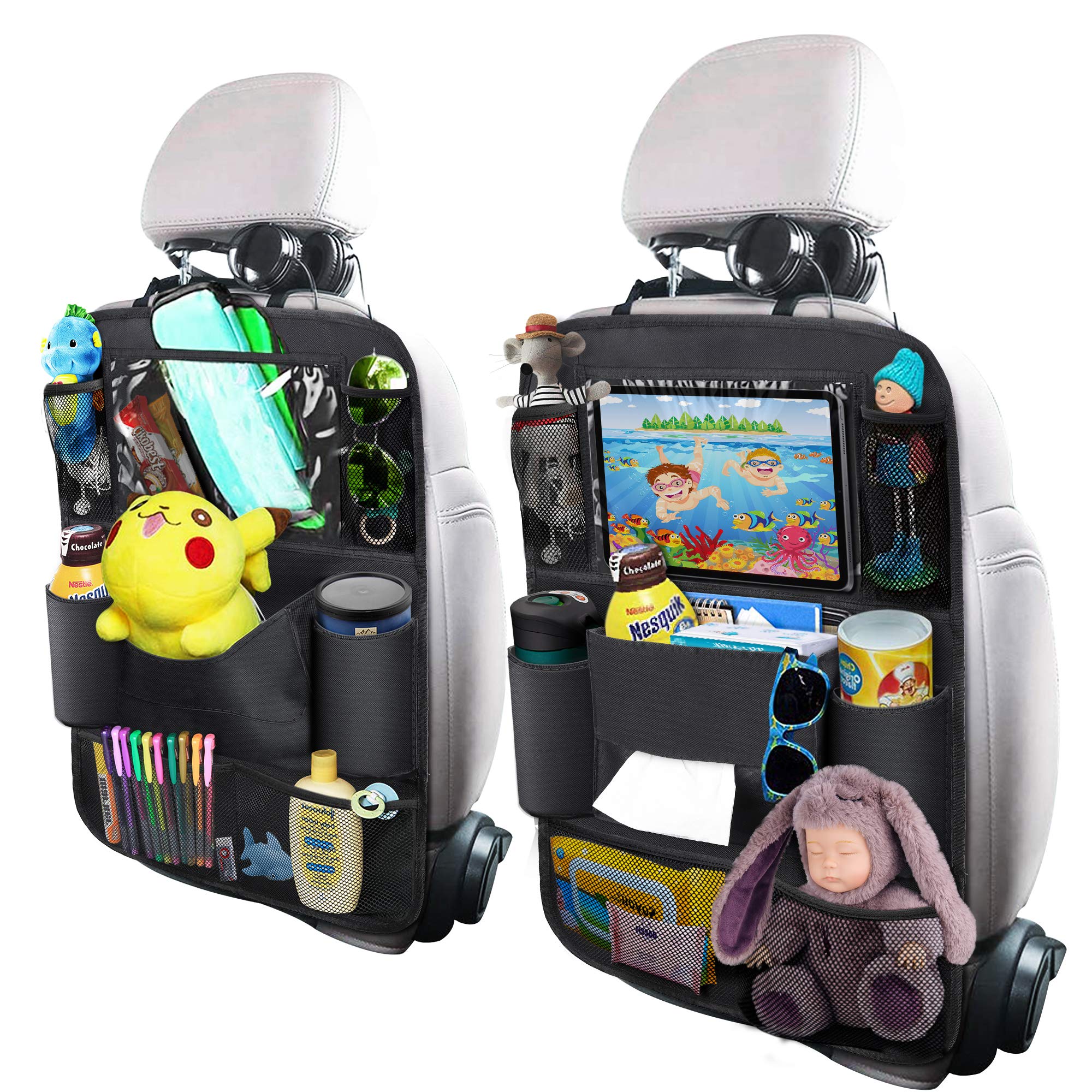 2 Pack Backseat Car Organizer with Kick Mats & Tablet Holder - Multi-Pocket Storage for Toys, Books, Bottles & Baby Travel Essentials | Perfect for Road Trips & Family Car Organization
