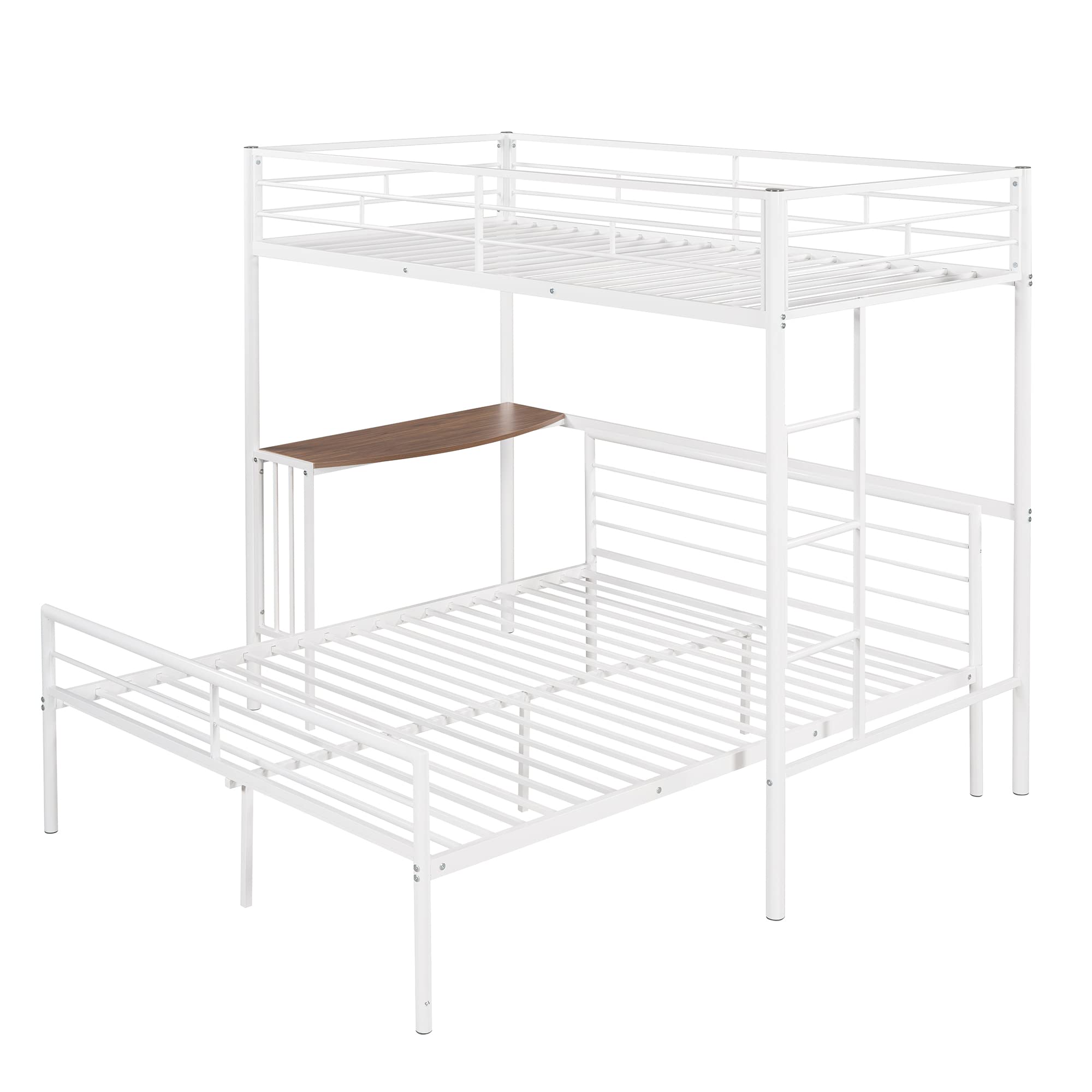 Twin Over Full Metal Bunk Bed with Study Desk, Safety Ladder & Reinforced Slats - Space Saving Kids Bedroom Furniture (White) - Perfect for Small Rooms, Shared Kids' Bedrooms & Dormitories