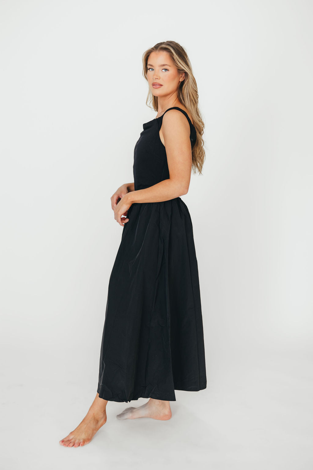 Elegant Bethany Off Shoulder Midi Dress in Black - Perfect for Date Night, Cocktail Parties & Summer Weddings