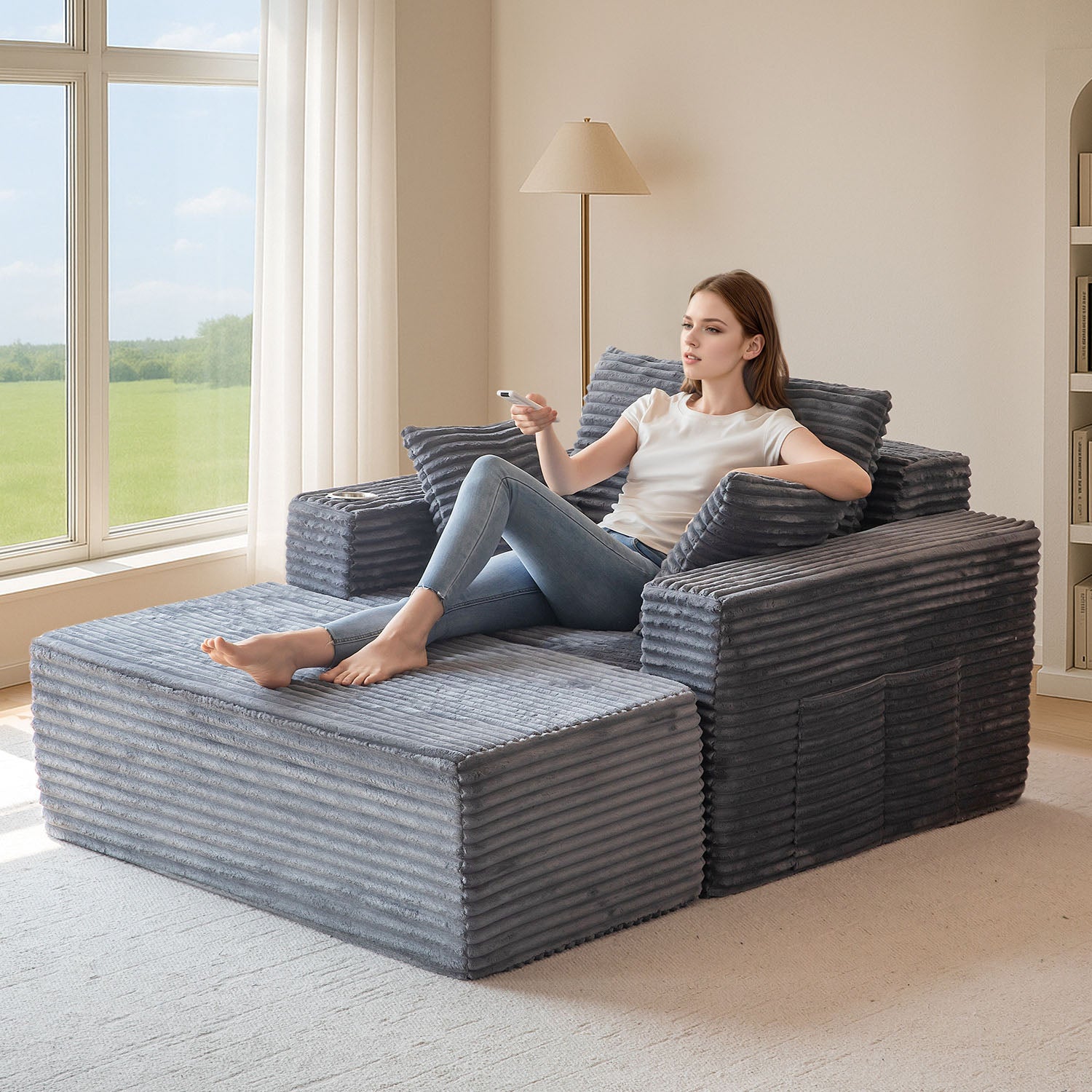 MAXYOYO 65x49 Oversized Chaise Lounge Sofa - Ultra Comfortable Cloud Couch with 3 Pillows, Dark Grey - Perfect for Living Room, Bedroom & Home Office Relaxation