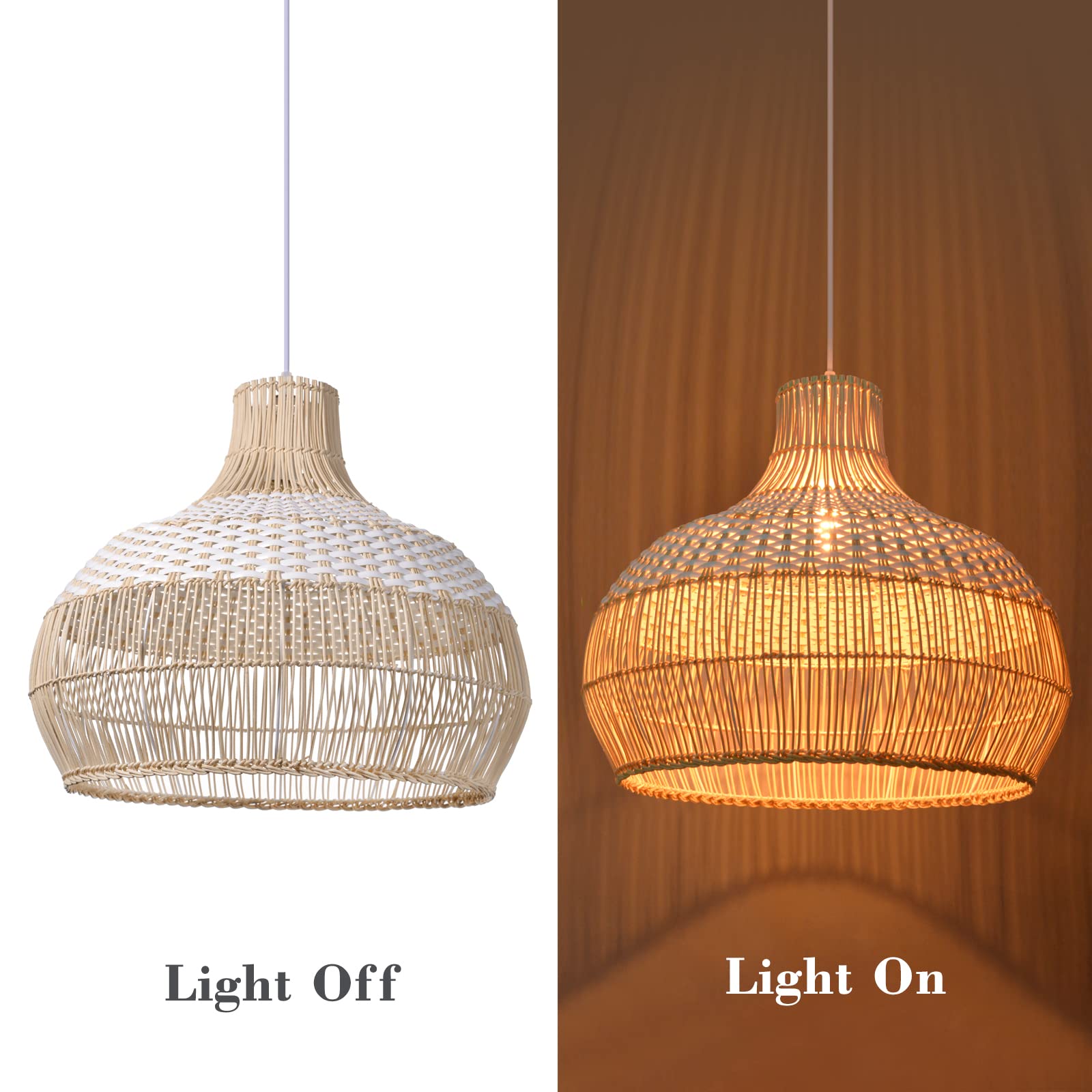 Arturesthome 1-Light White Rattan Pendant Light - Handmade Woven Wicker Chandelier for Kitchen Island, Dining Room & Bedroom Lighting - Boho Ceiling Lamp with Natural Fiber Shade