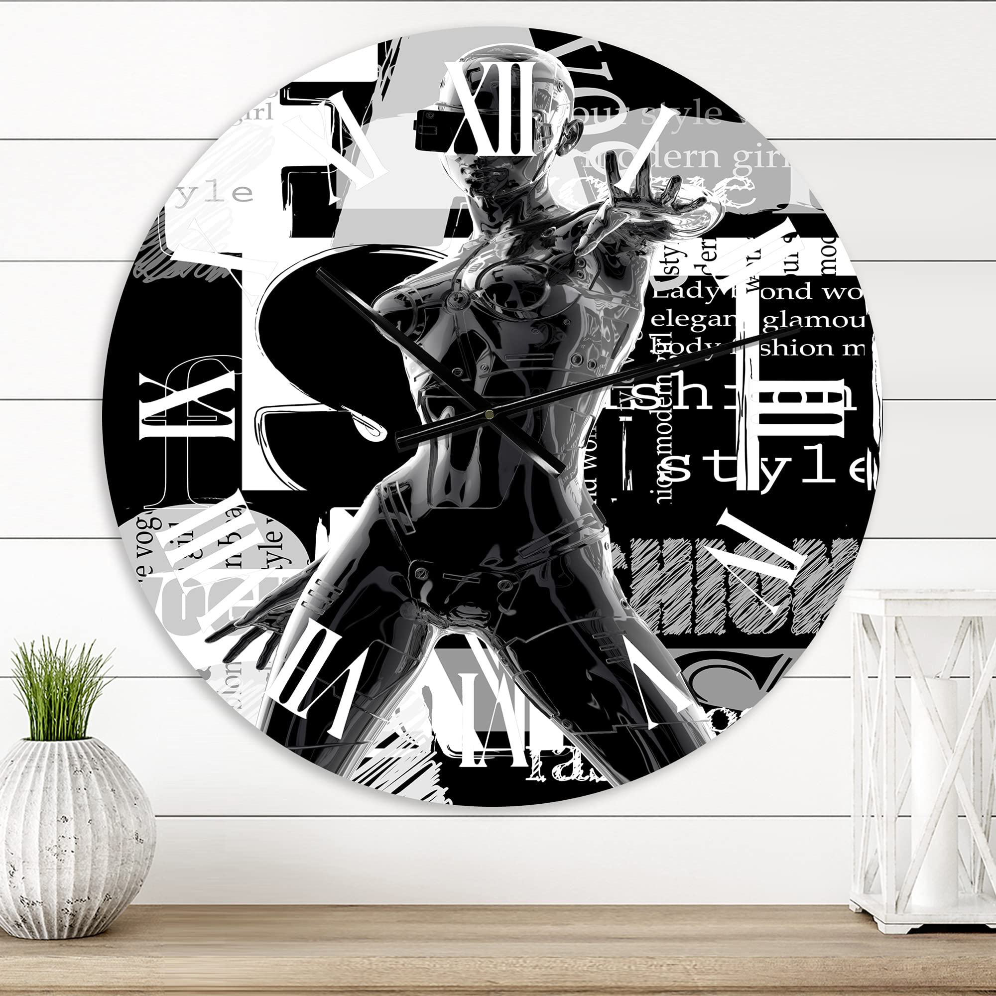 DesignQ Modern Wall Clock 'Monochrome Cyborg Body II' - Large Contemporary Wall Art for Living Room, Bedroom & Office Decor - Perfect for Home, Office or Gift Giving