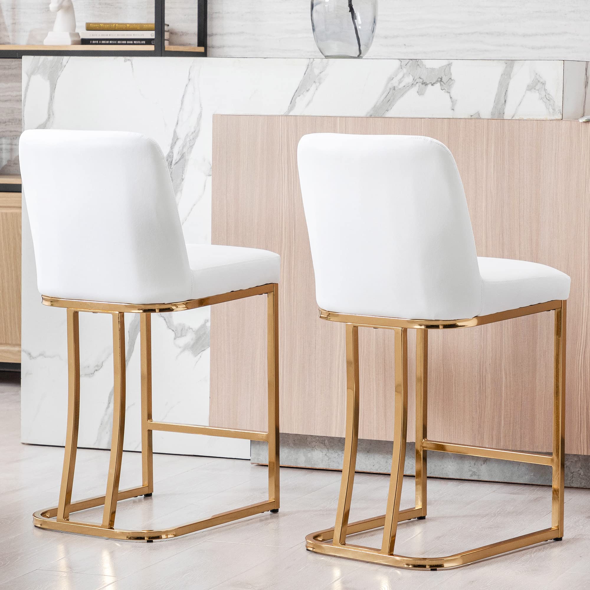 Modern Counter Height Bar Stools Set of 2 - 24 Inch PU Leather Upholstered Kitchen Island Stools with Golden Metal Frame, White - Perfect for Breakfast Nook, Home Bar, Dining Room & Kitchen Counter Seating
